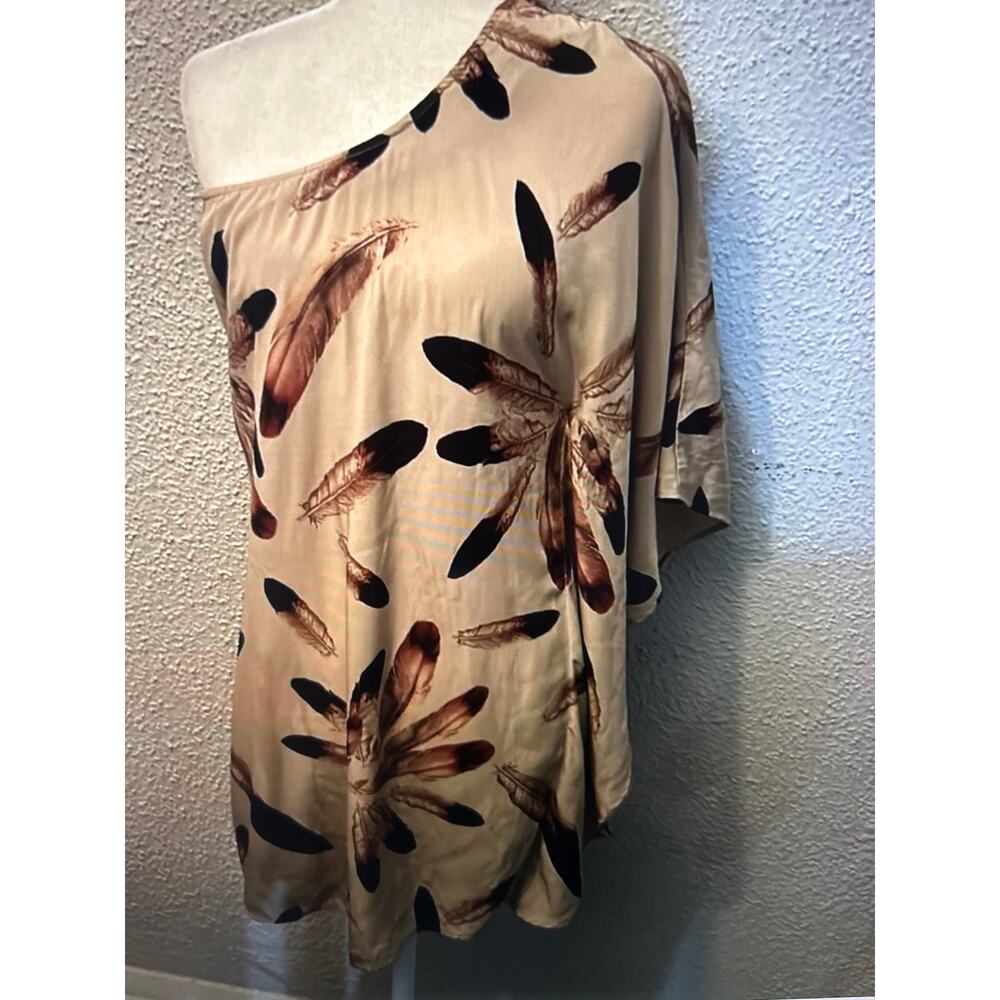 Audrey 3 1  Brown/Tan  One Shoulder Feather Top Dress Kaftan Tunic Coverup Boho